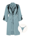 Women Satin 2PCS Pajamas Sets Lace Nightgown Sleepwear with G-String Sai Feel