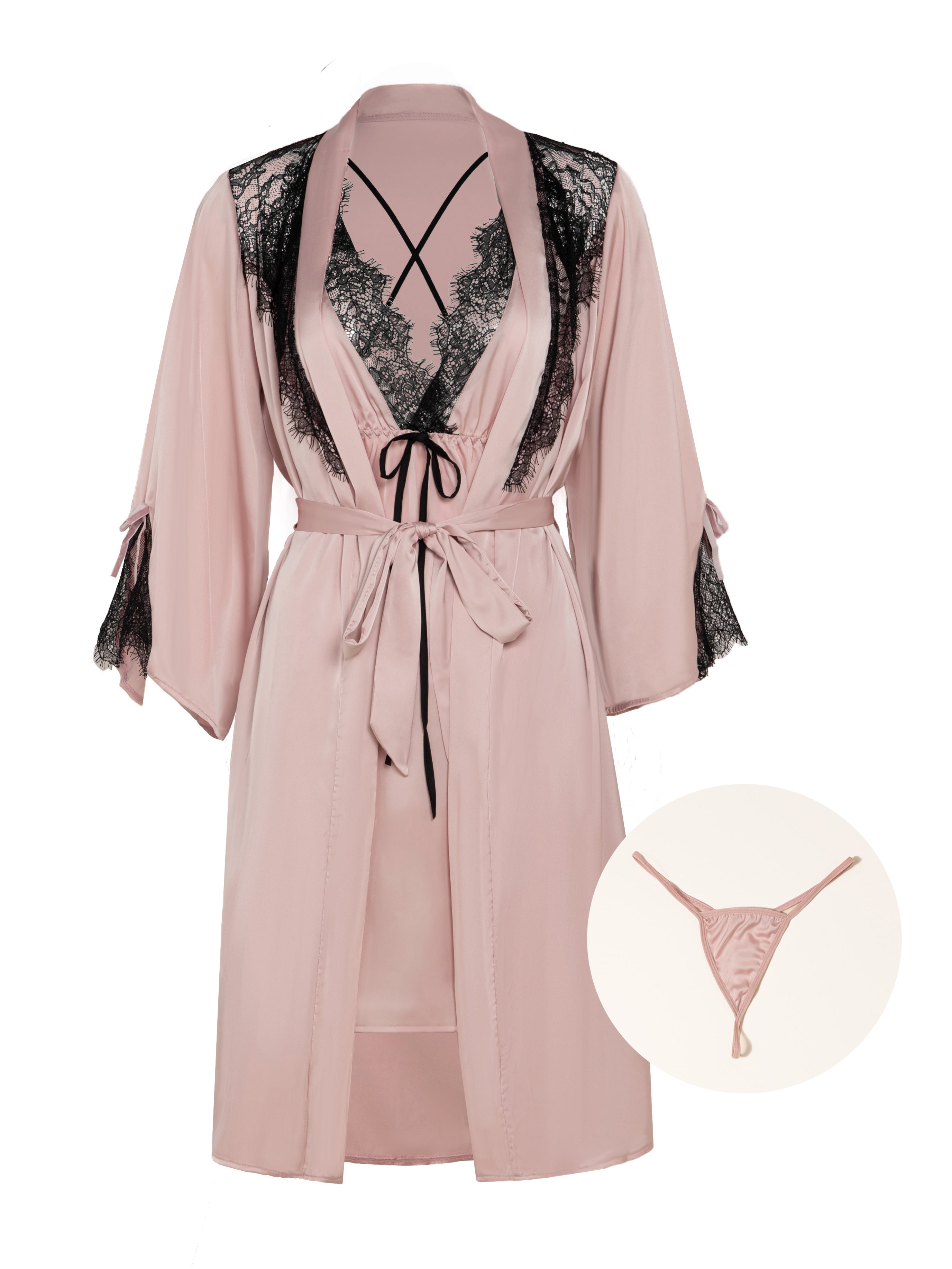 Women Satin 2PCS Pajamas Sets Lace Nightgown Sleepwear with G-String Sai Feel