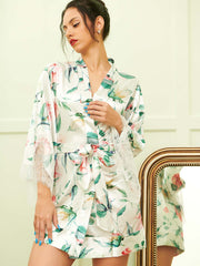 Women Satin Floral Print Night Robe housewear with G-String Sai Feel