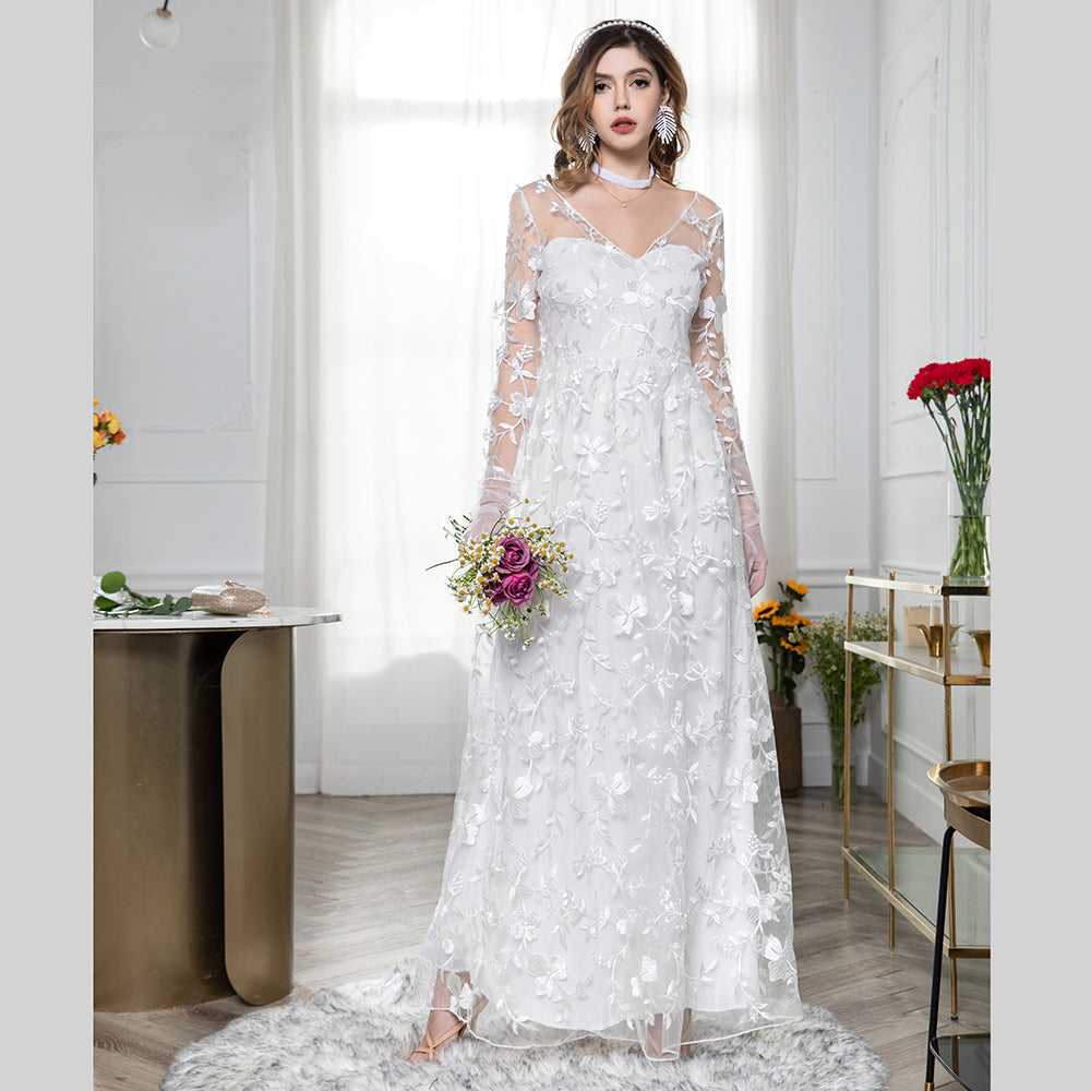 Women Sexy Long Sleeved Lace Evening Party Gowns Wedding Backless Dress Sai Feel