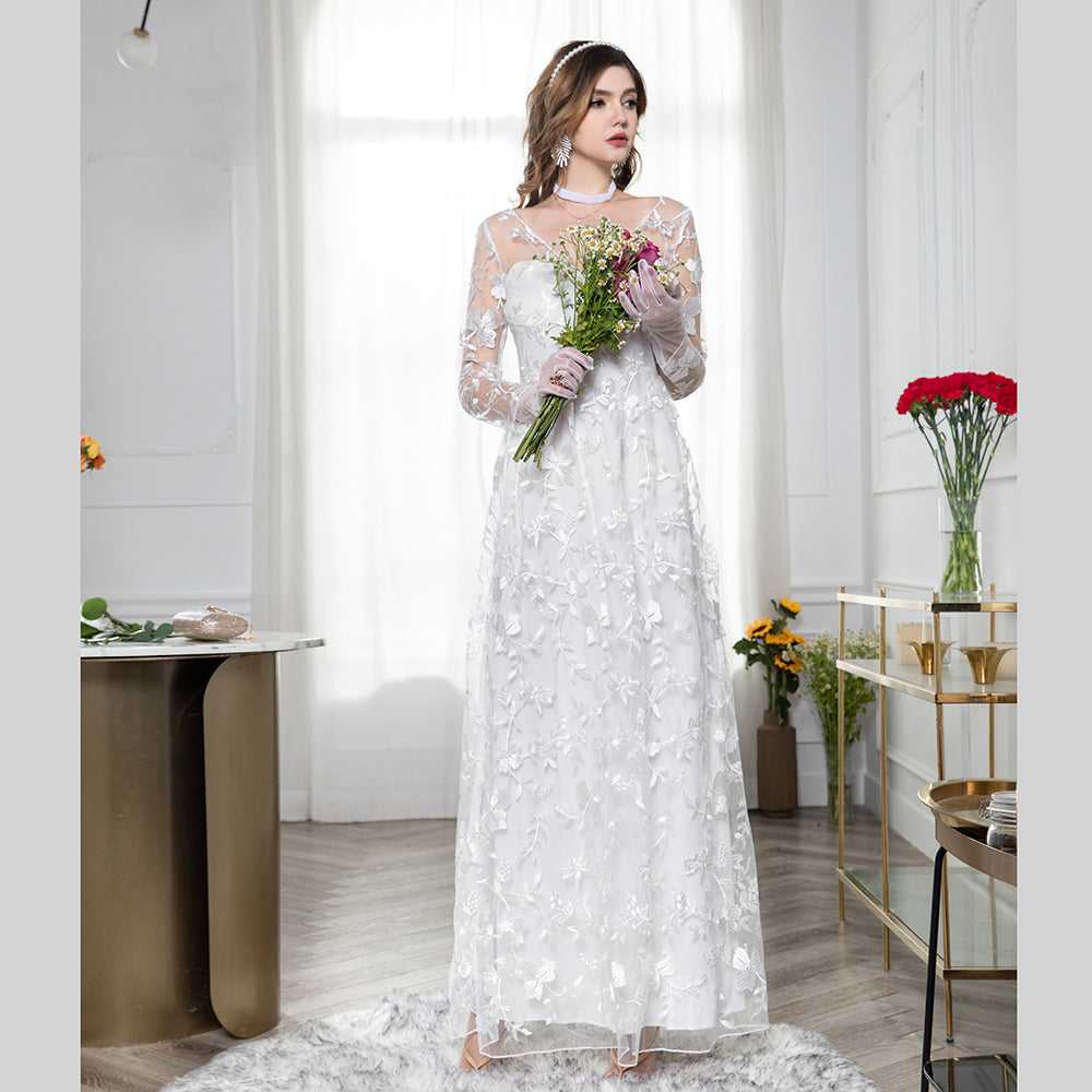 Women Sexy Long Sleeved Lace Evening Party Gowns Wedding Backless Dress Sai Feel