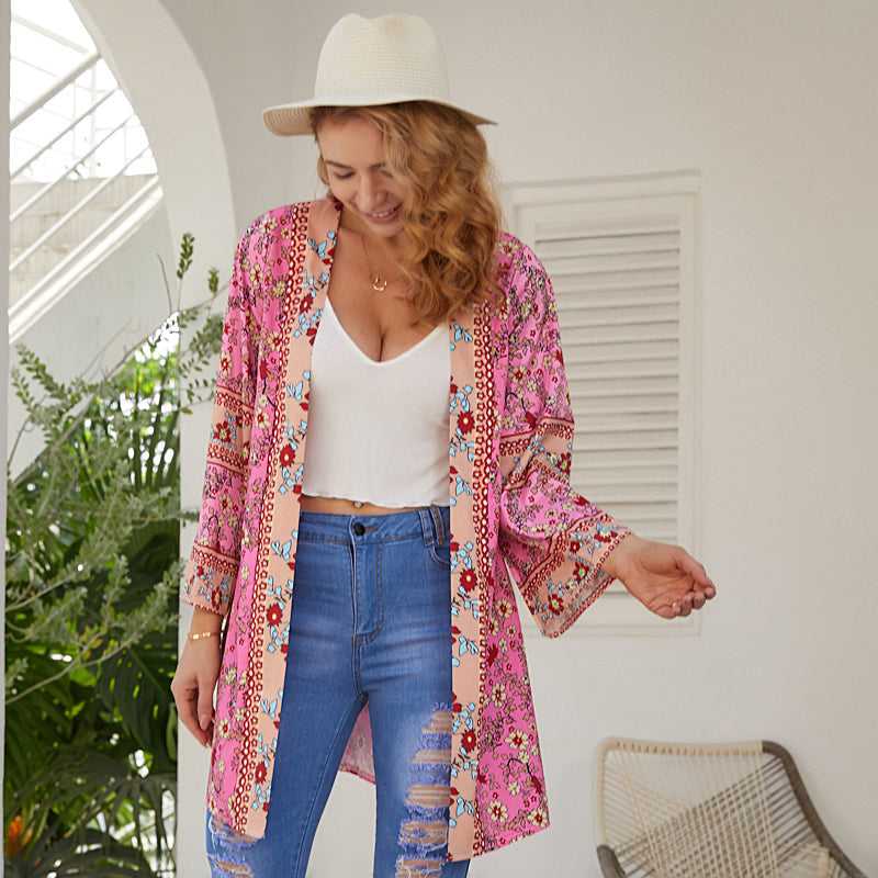Women Sleeve Baggy Cardigan Floral Printed Casual Outwear Shirt Tops Bohemian Printed Mid-length Cardigan Sai Feel