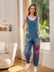 Women  Sleeveless  Floral Embroidered Ripped Jumpsuit Denim Overall Rompers Sai Feel