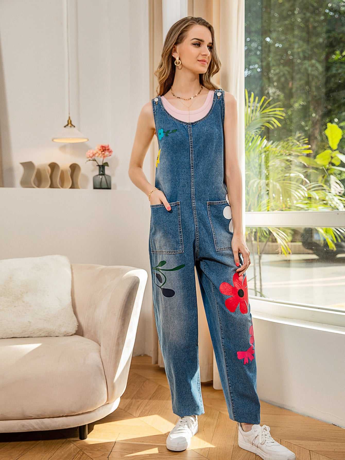 Women  Sleeveless  Floral Embroidered Ripped Jumpsuit Denim Overall Rompers Sai Feel