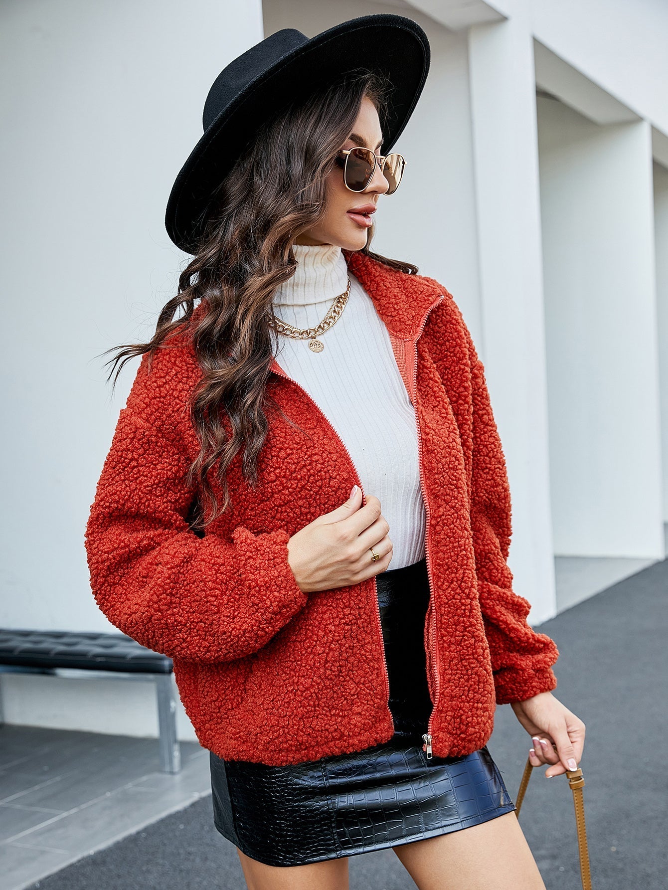 Women Solid Color Plush Coat Lapel Fleece Cardigan Long Sleeve  Jacket Sai Feel