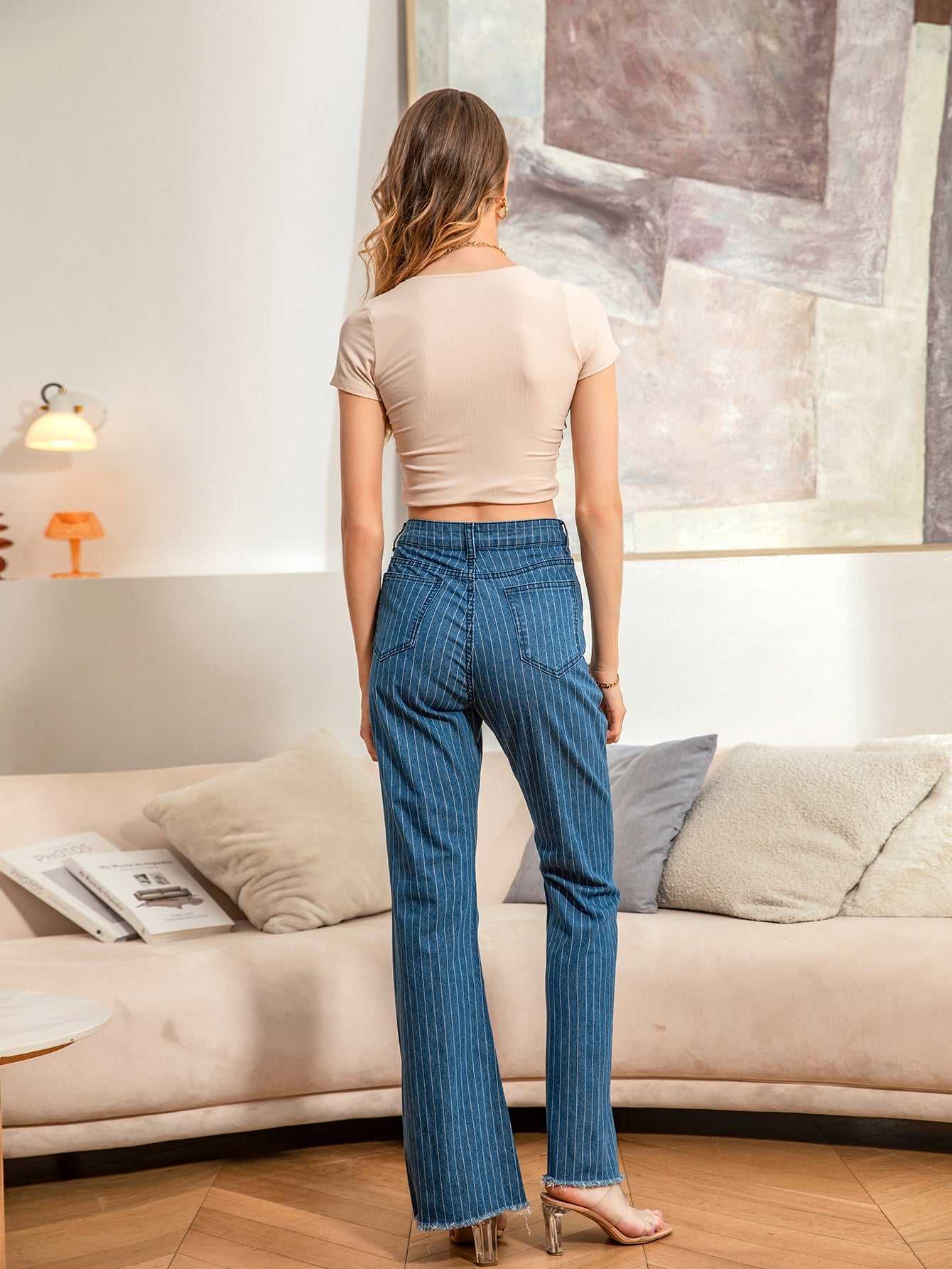 Women Stripe Denim Long Pants High Waist Bell Bottom Slim Fit Flared Jeans Sai Feel