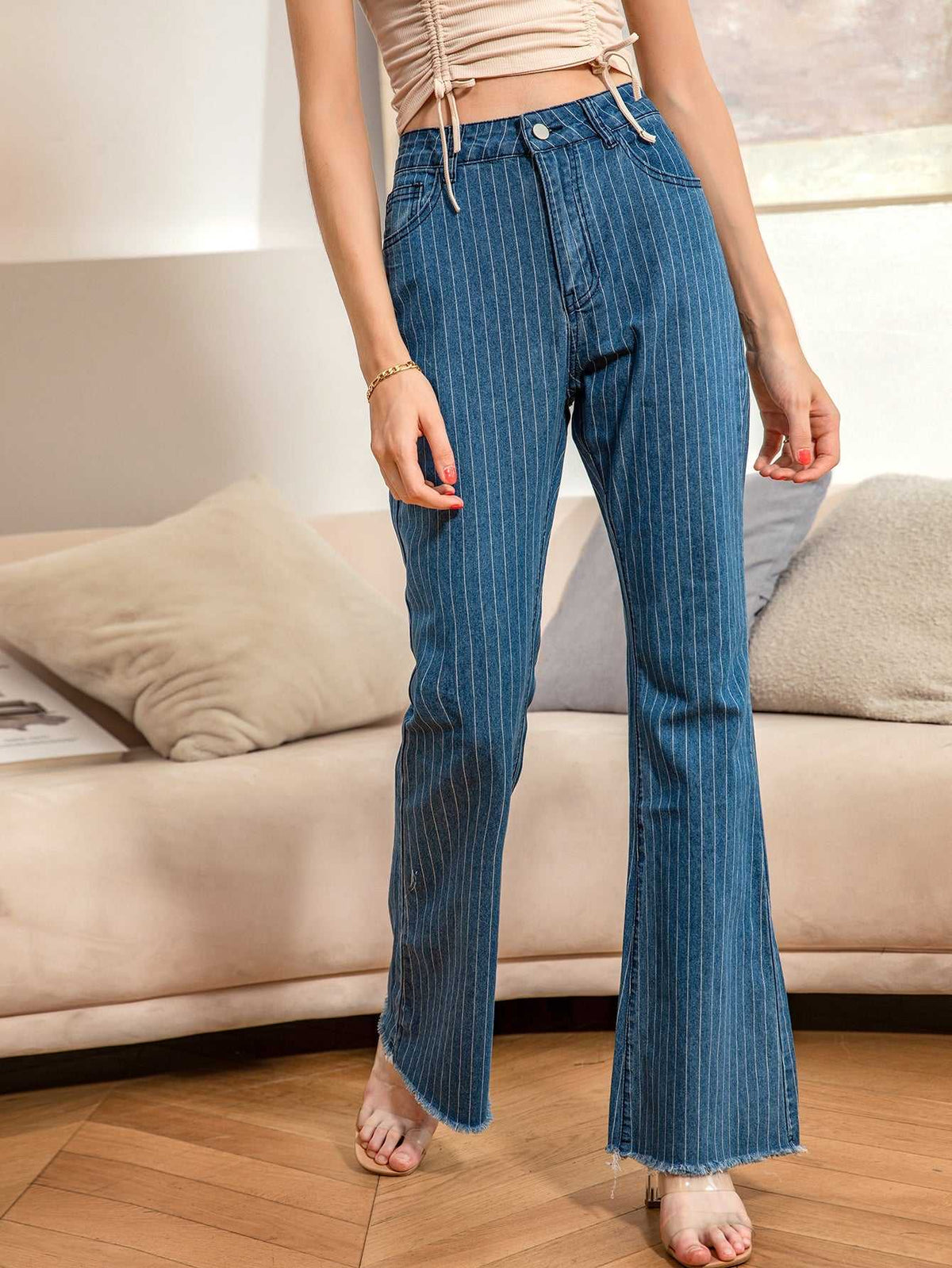 Women Stripe Denim Long Pants High Waist Bell Bottom Slim Fit Flared Jeans Sai Feel