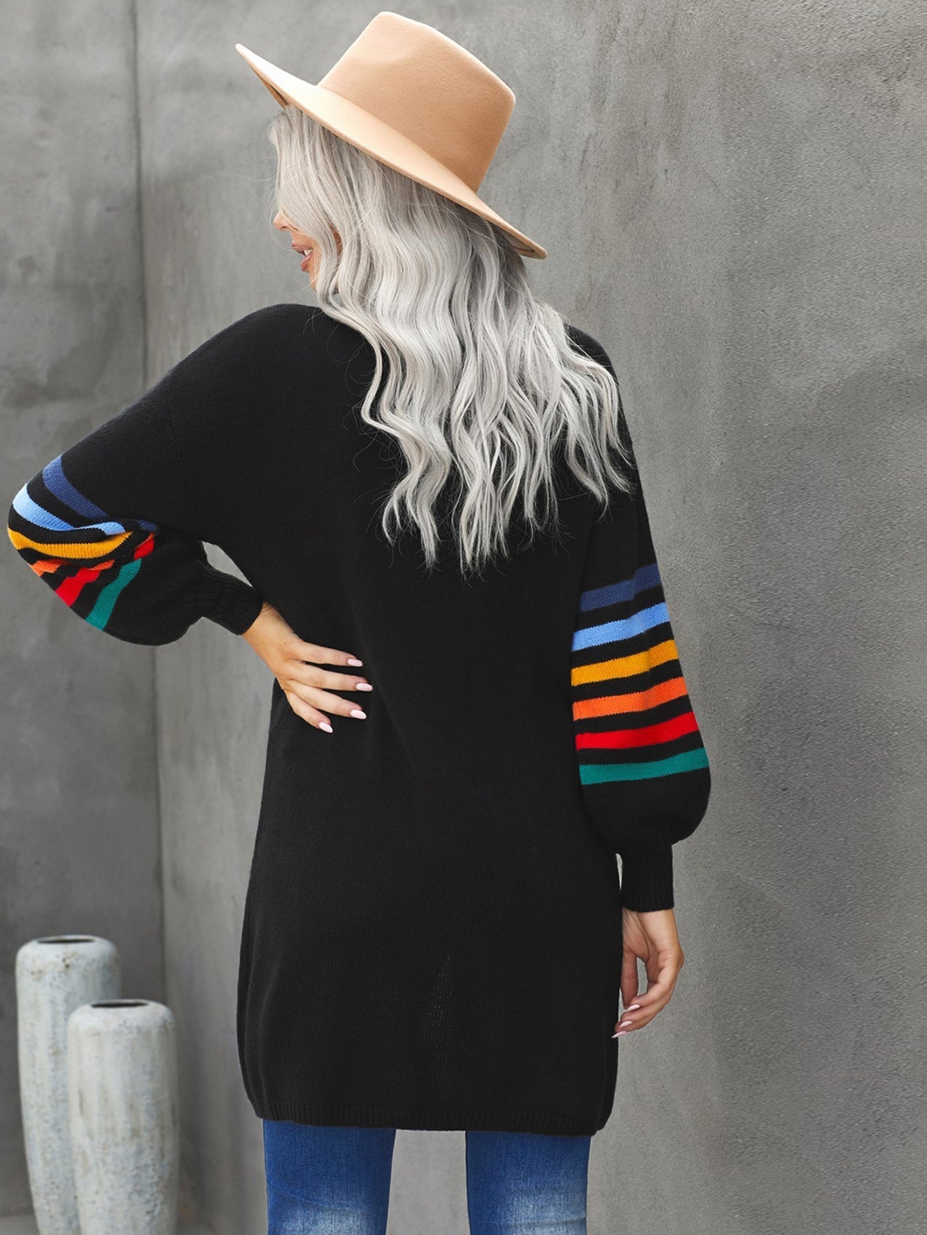 Women Striped Balloon Sleeve Cardigan Sai Feel