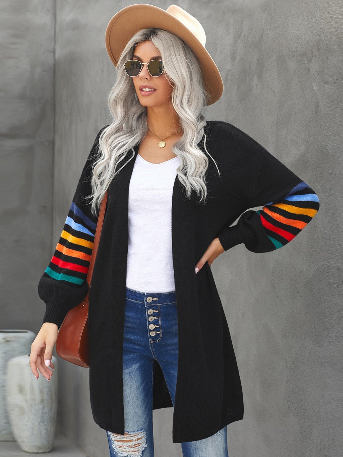Women Striped Balloon Sleeve Cardigan Sai Feel