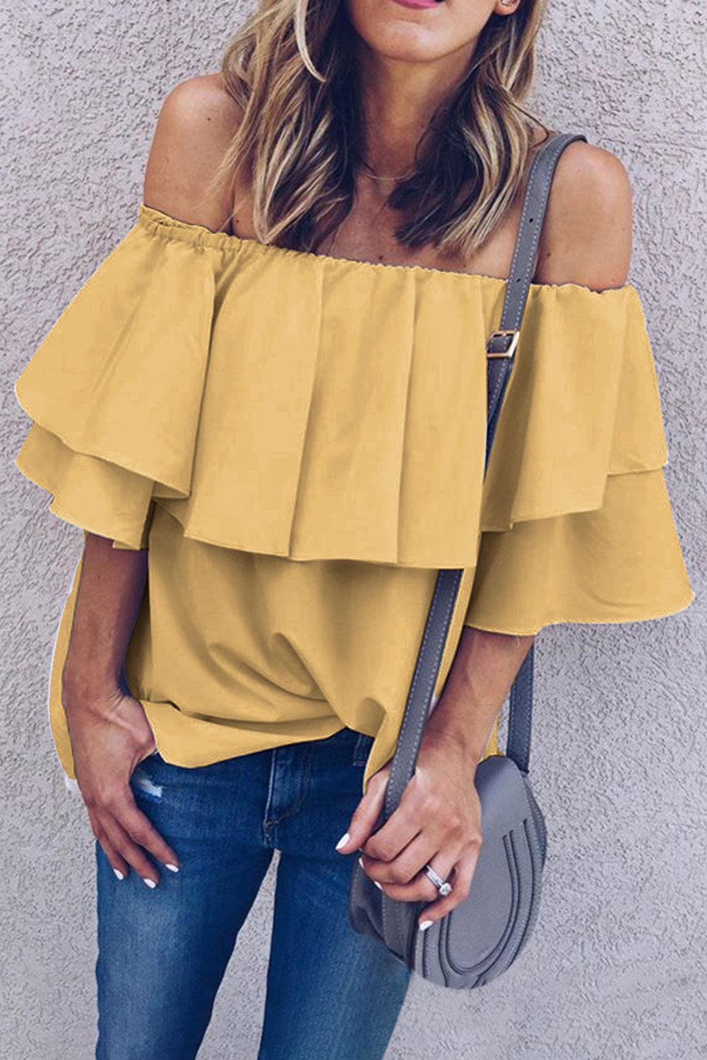 Women Summer Sexy Off Shoulder Blouses Ruffles Short Sleeves Tee Tops Casual Solid Color T-Shirts Sai Feel