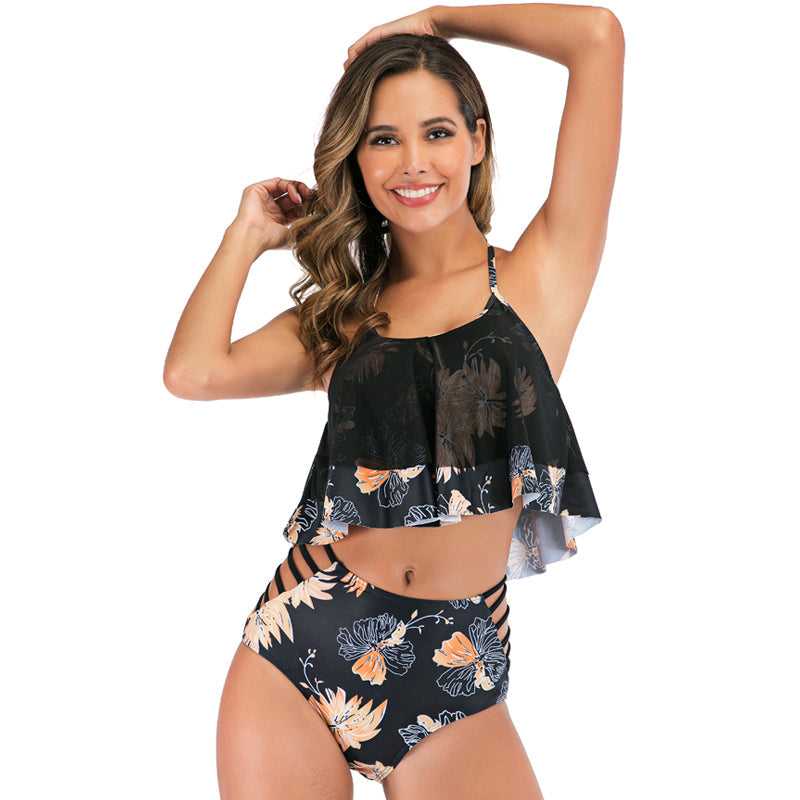 Women Summer Two Piece Backless Halter Floral Printed Swimwear Bikini Set Sai Feel