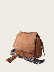 Women Tassels Front Leopard Strap Flap Shoulder Bag Sai Feel