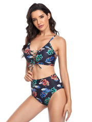 Women Tie Front two Piece Print Swimming suit Bikini Set Sai Feel