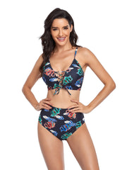Women Tie Front two Piece Print Swimming suit Bikini Set Sai Feel