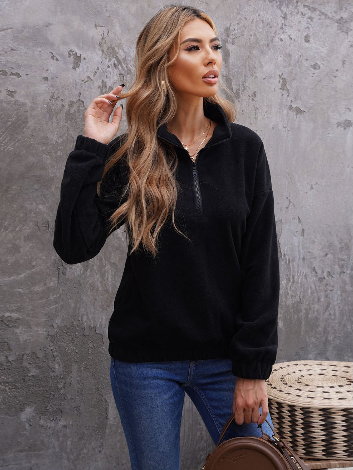 Women Turn-down Collar Long Sleeve Zipper Fleece Pullover Sweatshirt Sai Feel