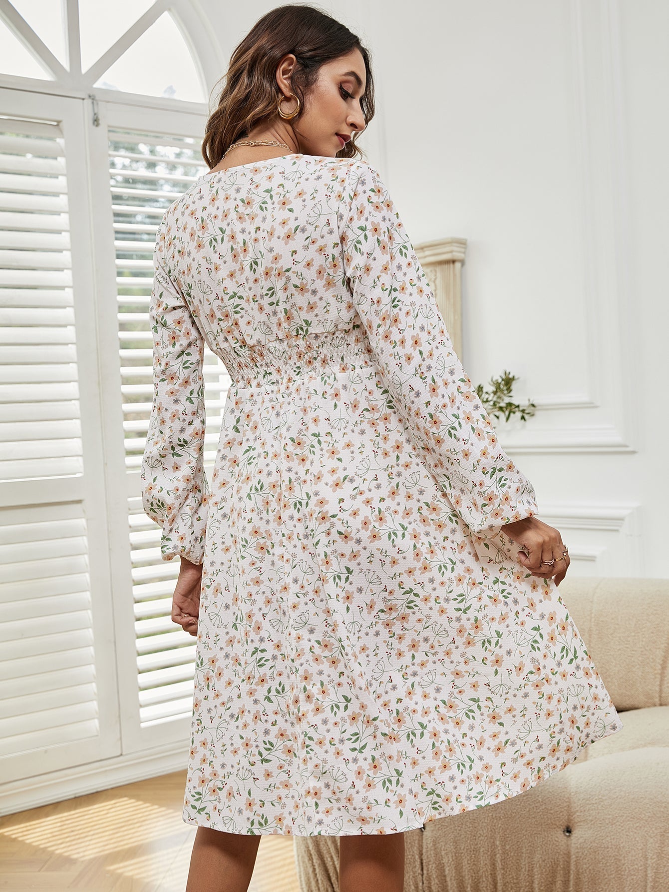 Women V Neck Elastic Waist Floral Print Long Sleeve Maxi Dress Sai Feel