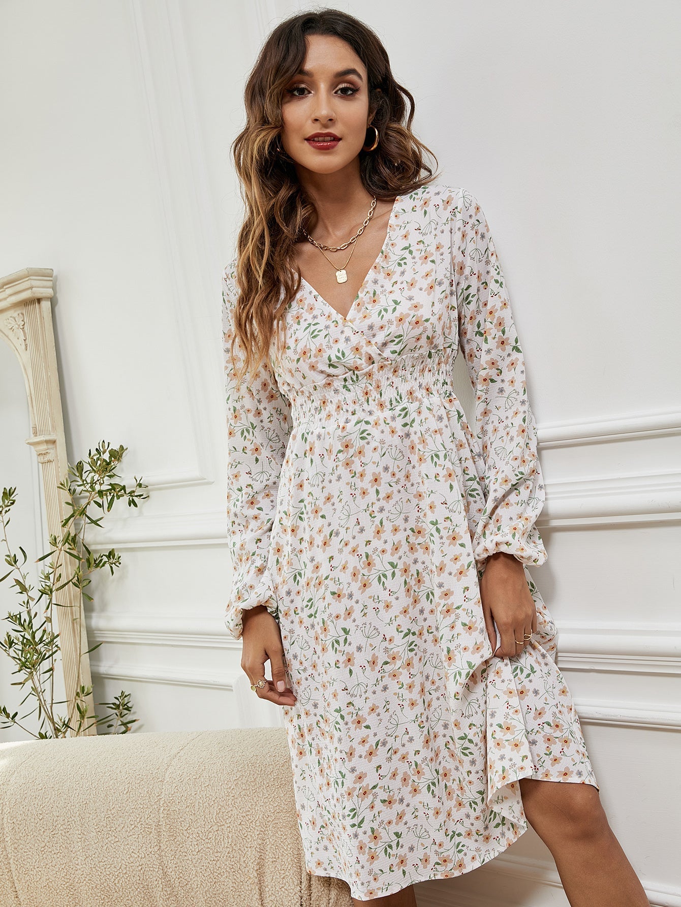 Women V Neck Elastic Waist Floral Print Long Sleeve Maxi Dress Sai Feel