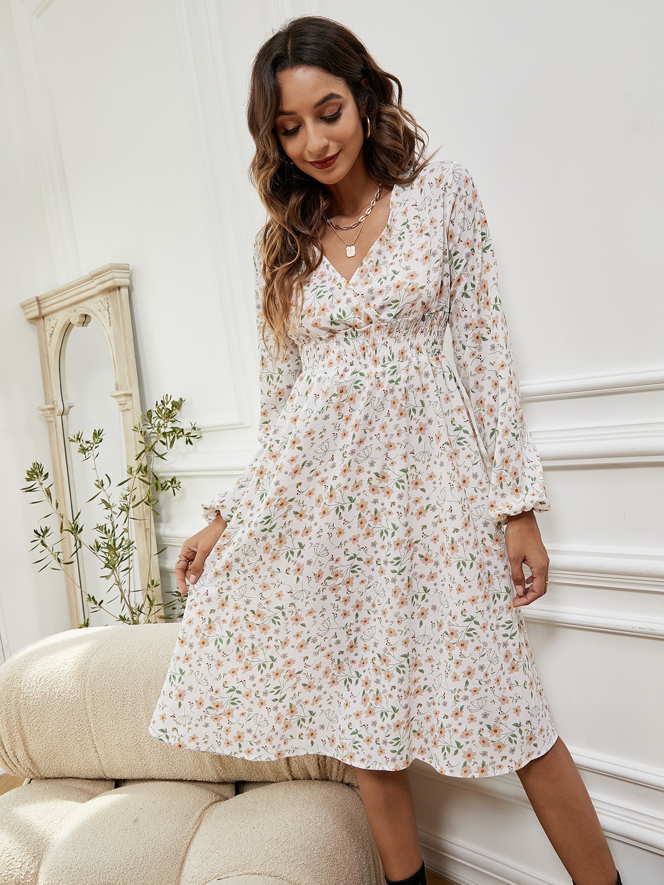 Women V Neck Elastic Waist Floral Print Long Sleeve Maxi Dress Sai Feel