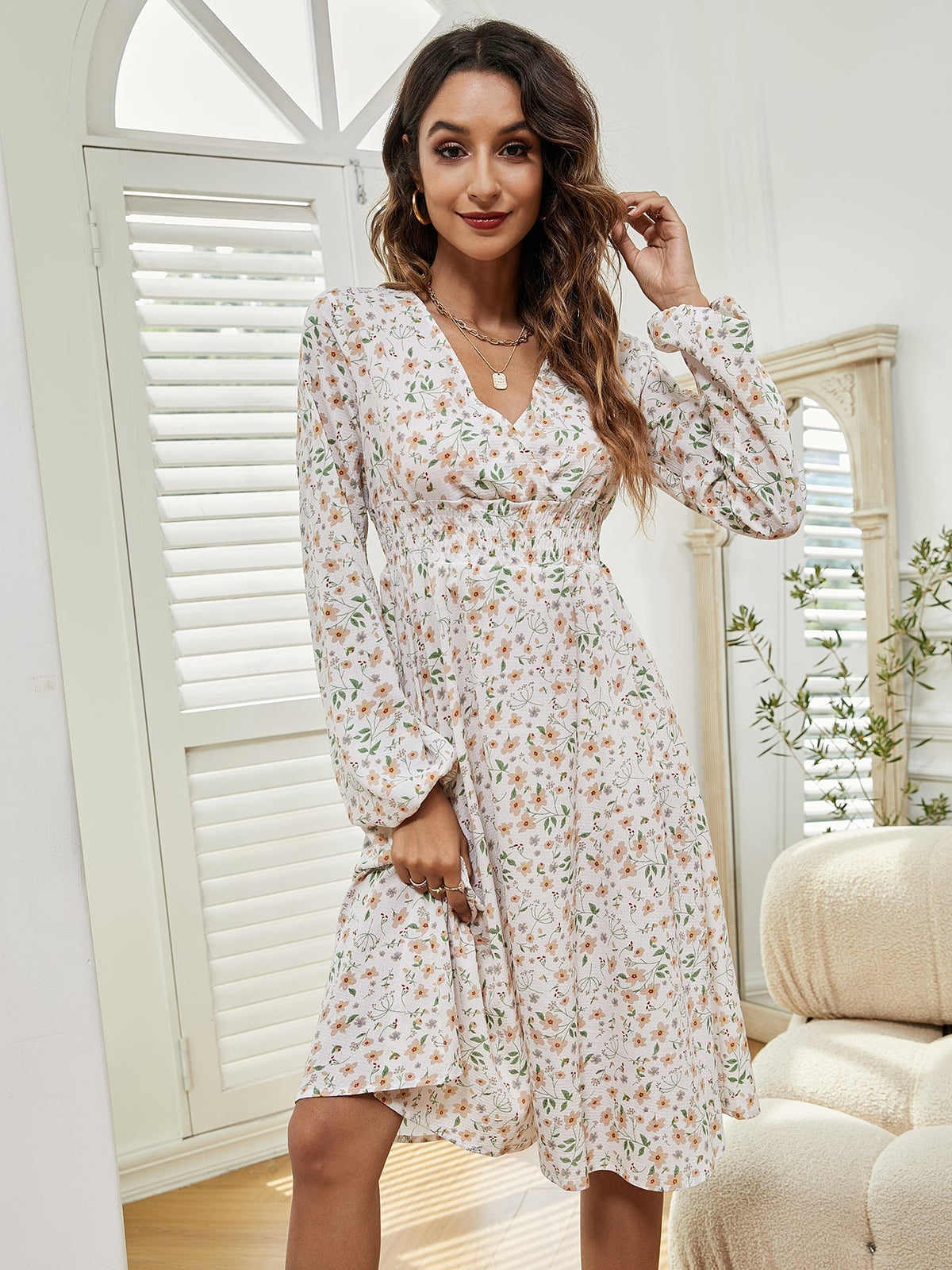 Women V Neck Elastic Waist Floral Print Long Sleeve Maxi Dress Sai Feel