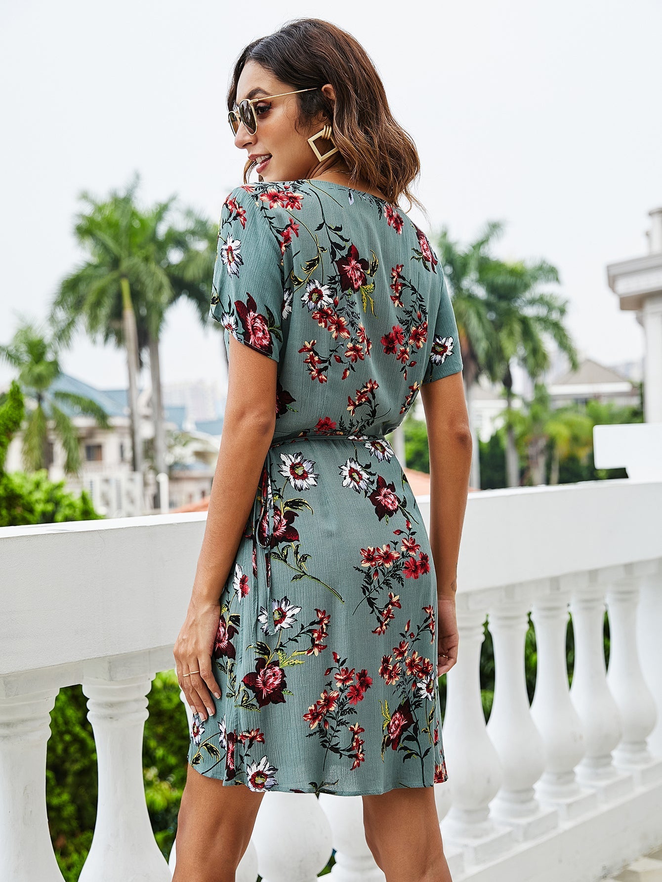 Women V Neck Floral Print Ruffled Hem Tie Wrap Dress Sai Feel