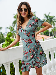 Women V Neck Floral Print Ruffled Hem Tie Wrap Dress Sai Feel