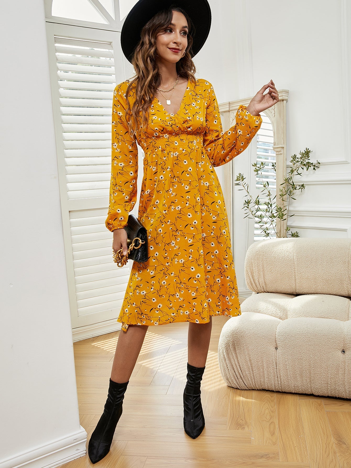 Women V Neck Long Sleeve Floral Print Elastic Waist Dress Sai Feel