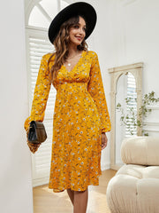 Women V Neck Long Sleeve Floral Print Elastic Waist Dress Sai Feel