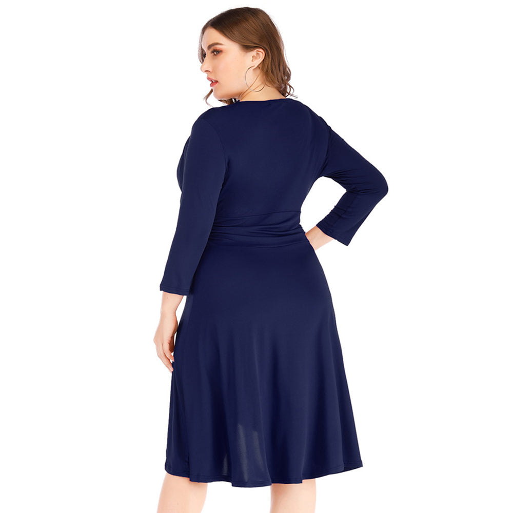Women V-neck Elegant Dress Ruffled Waist Plus Size Skirt Middle Sleeve Sai Feel