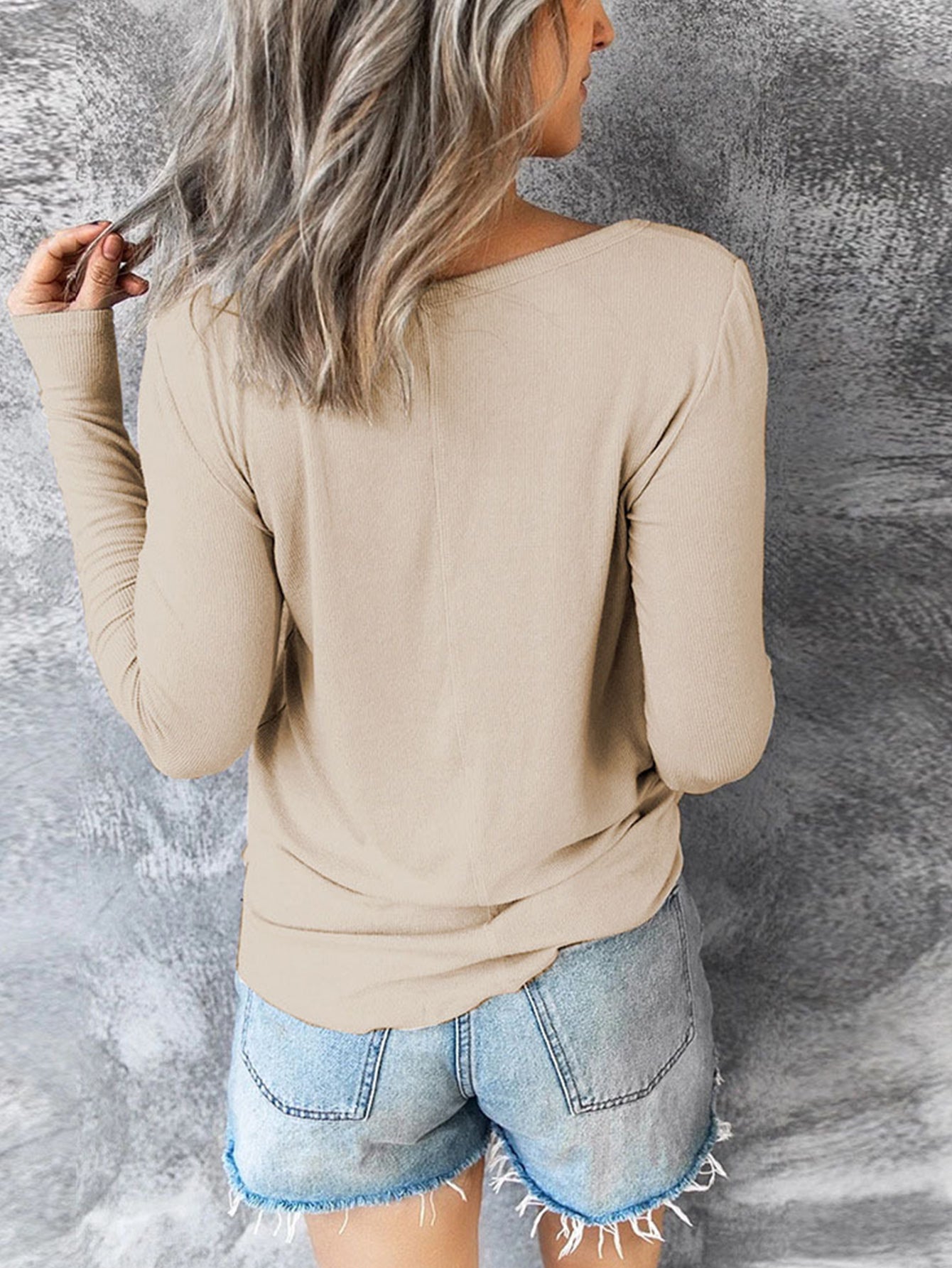 Women V-neck draw rope pure color pullover long sleeve T-shirt blouse Sai Feel