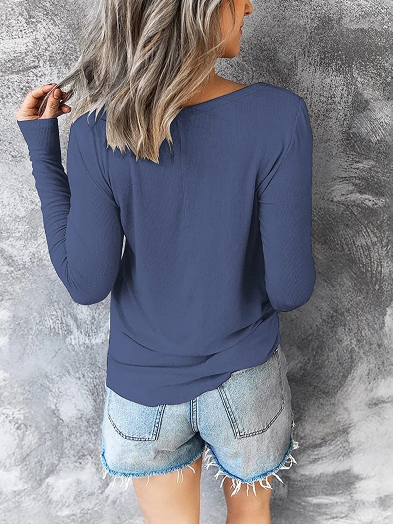 Women V-neck draw rope pure color pullover long sleeve T-shirt blouse Sai Feel