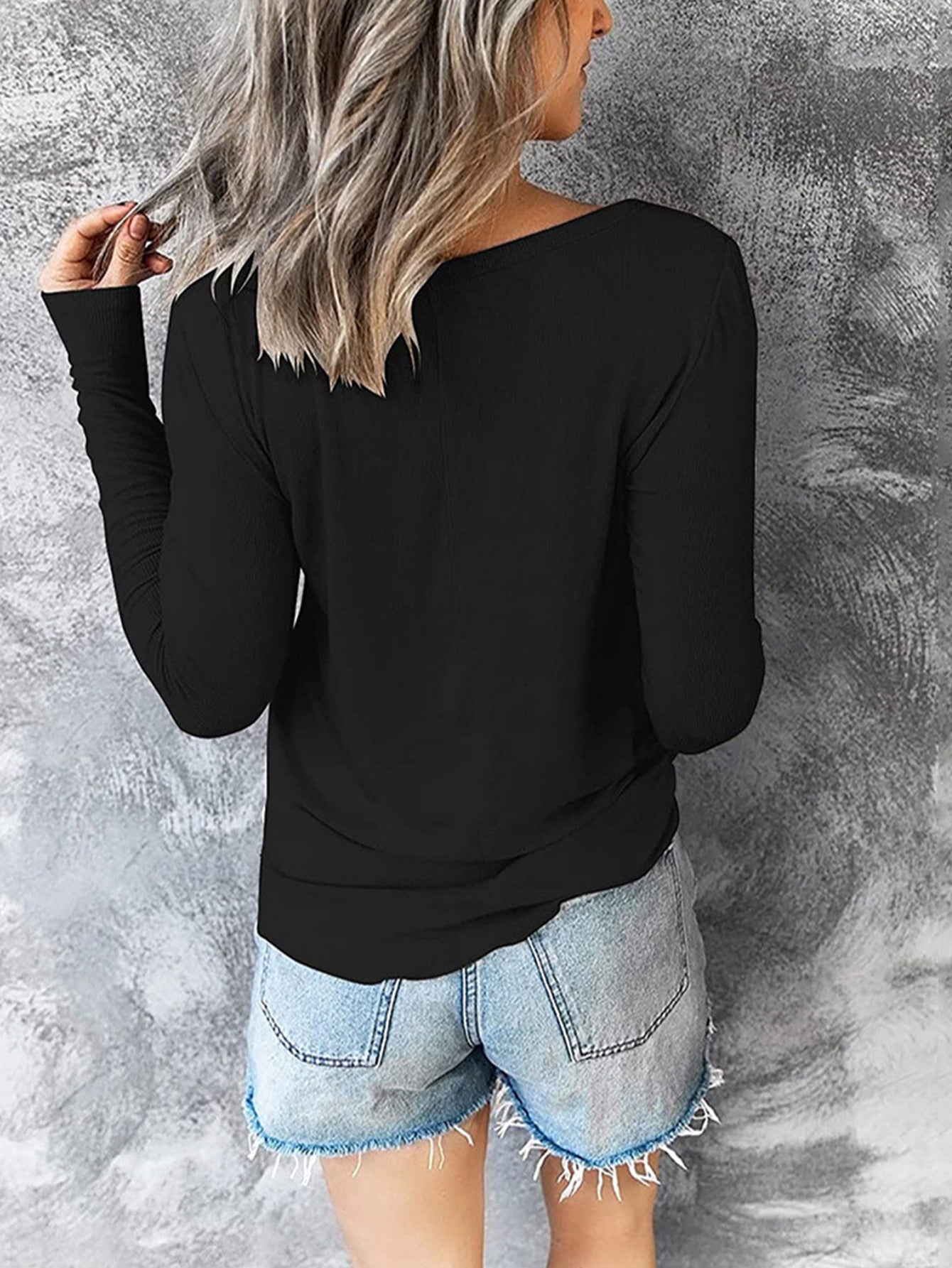 Women V-neck draw rope pure color pullover long sleeve T-shirt blouse Sai Feel