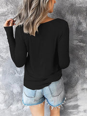 Women V-neck draw rope pure color pullover long sleeve T-shirt blouse Sai Feel
