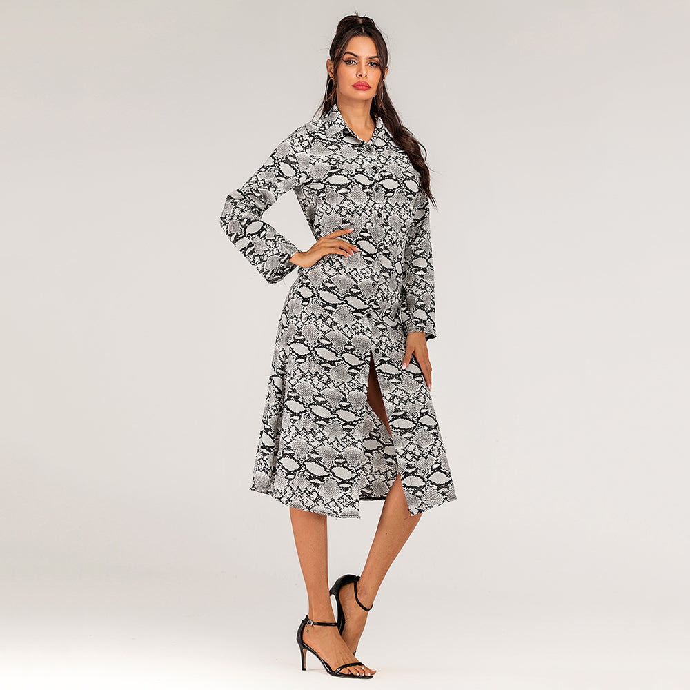 Women casual print long snakeskin print dress with lapel Sai Feel