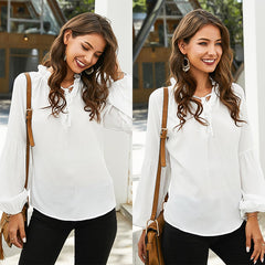 Women drawstring neck lantern Long Sleeve Chiffon Shirt Solid Color Tops Plus Size Blouse Sai Feel
