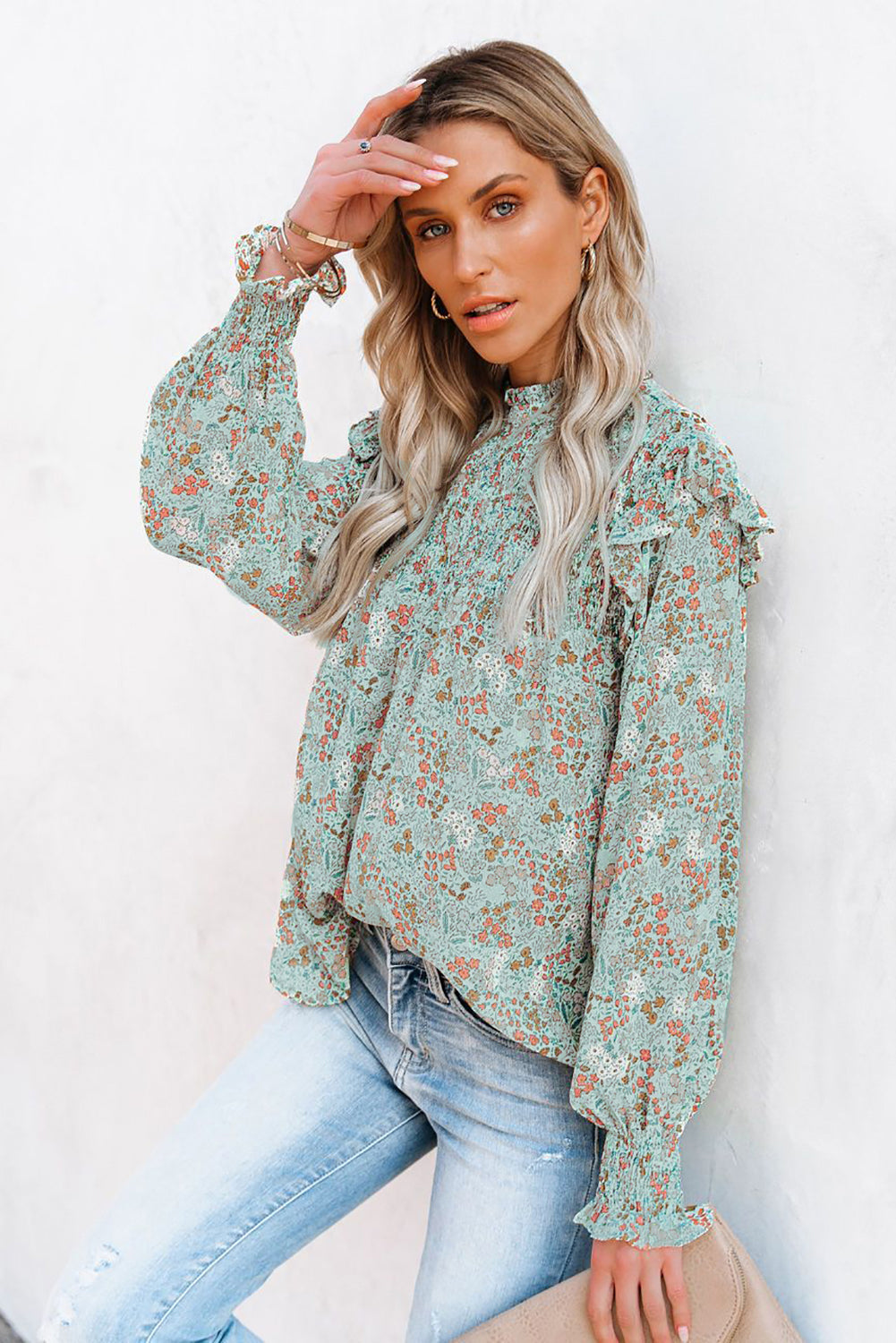 Women lace collar floral smocked long sleeve blouse Sai Feel