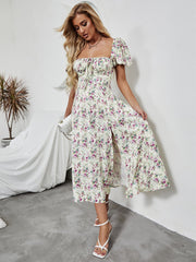 Women one neck Floral Printed High Splits Dress Women's Short sleeve Elegant Maxi Dress Sai Feel