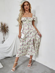 Women one neck Floral Printed High Splits Dress Women's Short sleeve Elegant Maxi Dress Sai Feel