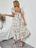Women one neck Floral Printed High Splits Dress Women's Short sleeve Elegant Maxi Dress Sai Feel