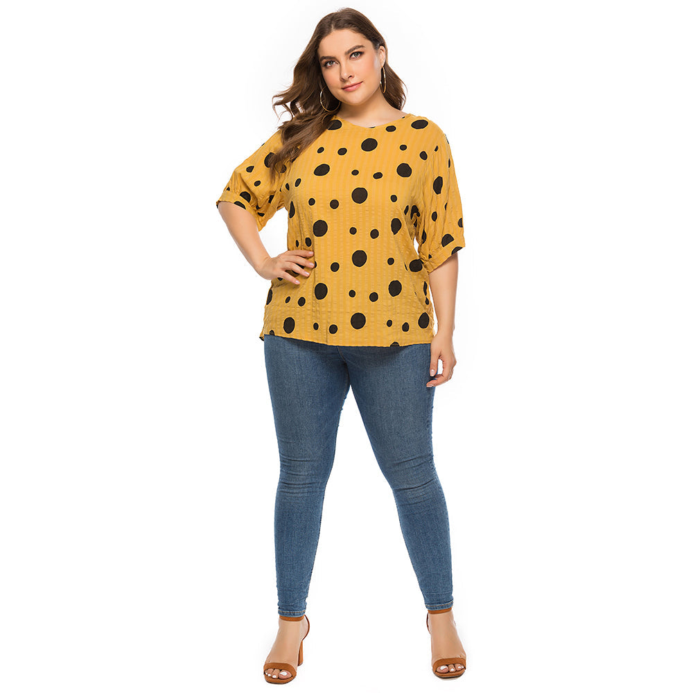 Women plus size polka dot print loose casual short sleeve T-shirt Sai Feel