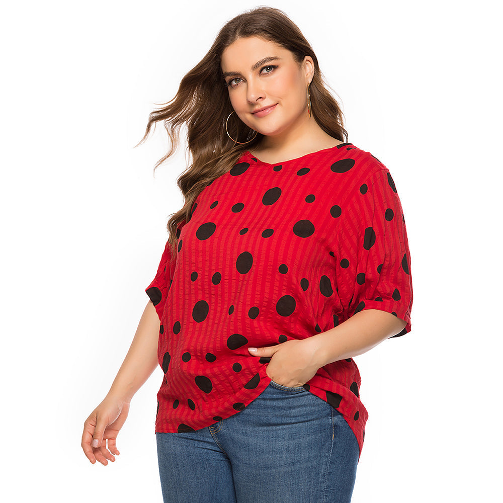 Women plus size polka dot print loose casual short sleeve T-shirt Sai Feel