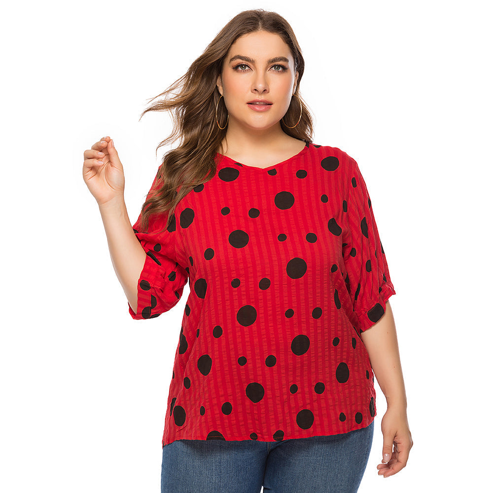 Women plus size polka dot print loose casual short sleeve T-shirt Sai Feel