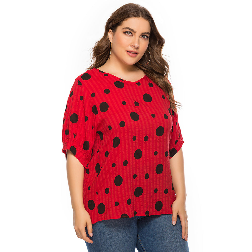 Women plus size polka dot print loose casual short sleeve T-shirt Sai Feel
