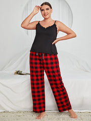 Women's 2 Piece Solid Crop Cami Top and Plaid Pants Sleepwear Pajama Set Sai Feel