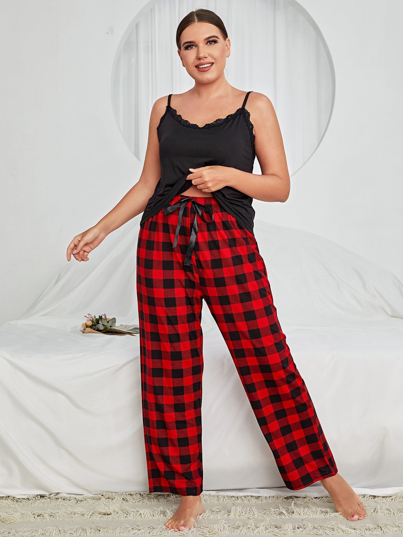 Women's 2 Piece Solid Crop Cami Top and Plaid Pants Sleepwear Pajama Set Sai Feel