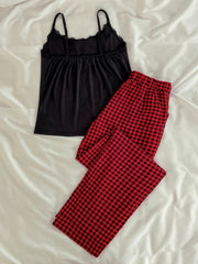 Women's 2 Piece Solid Crop Cami Top and Plaid Pants Sleepwear Pajama Set Sai Feel