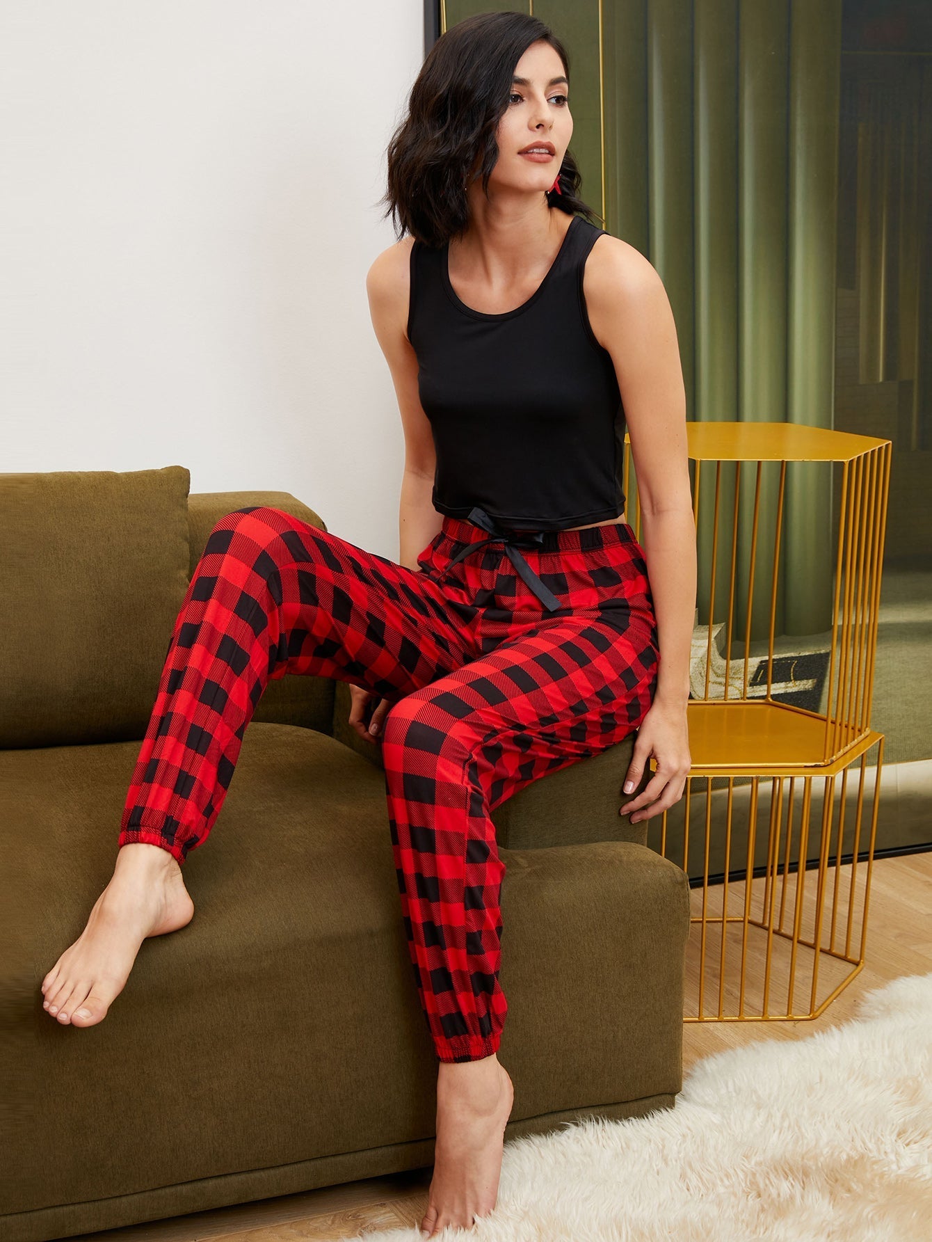 Women's 2pcs Pajama Set Letter Print Sleeveless Cami Top and Plaid Pants Sleepwear Sai Feel