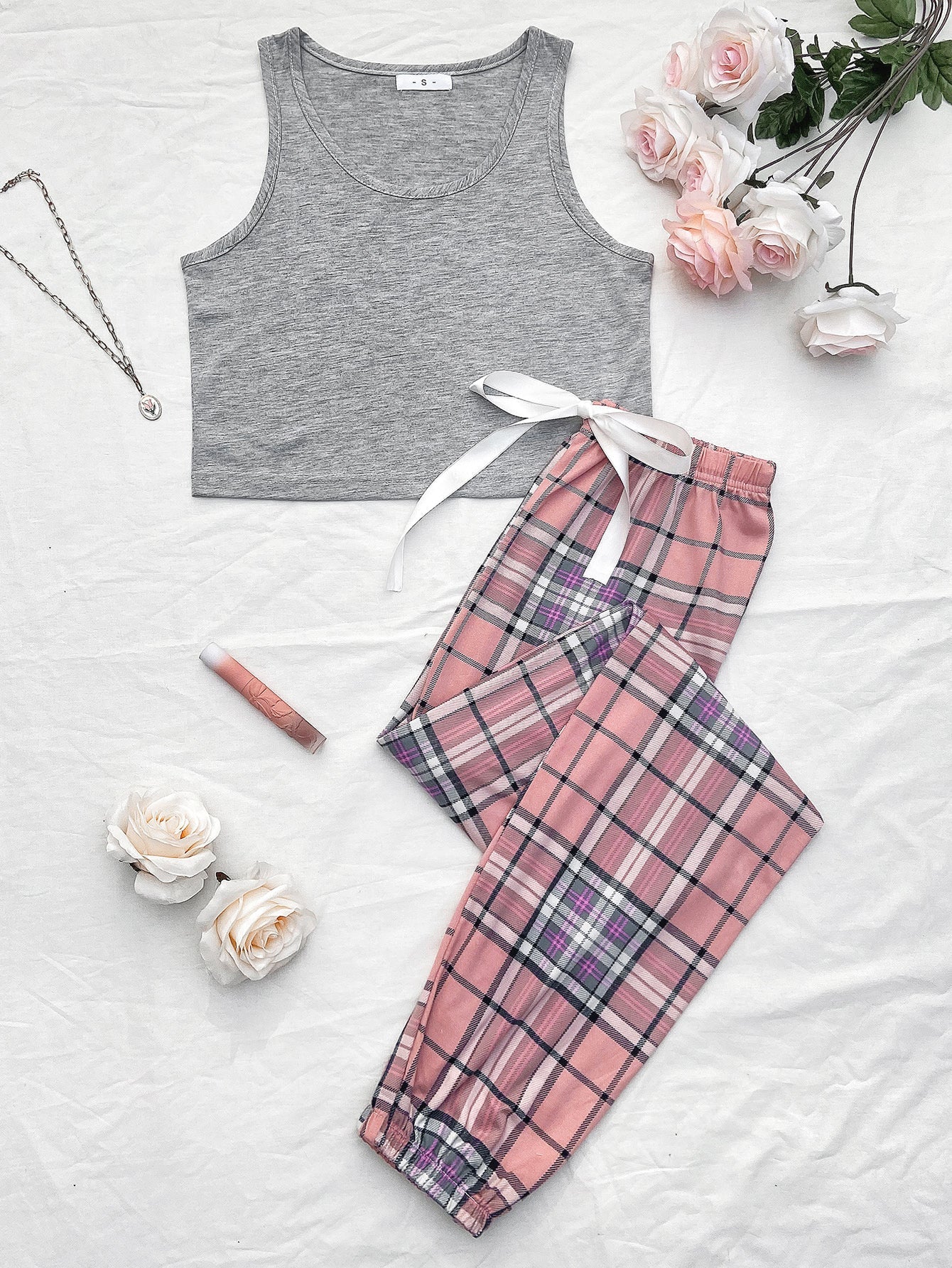 Women's 2pcs Pajama Set Plaid Print Sleeveless Cami Top and Plaid Pants Sleepwear Sai Feel