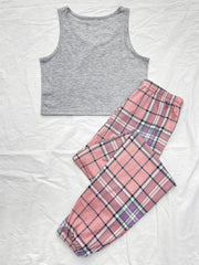 Women's 2pcs Pajama Set Plaid Print Sleeveless Cami Top and Plaid Pants Sleepwear Sai Feel
