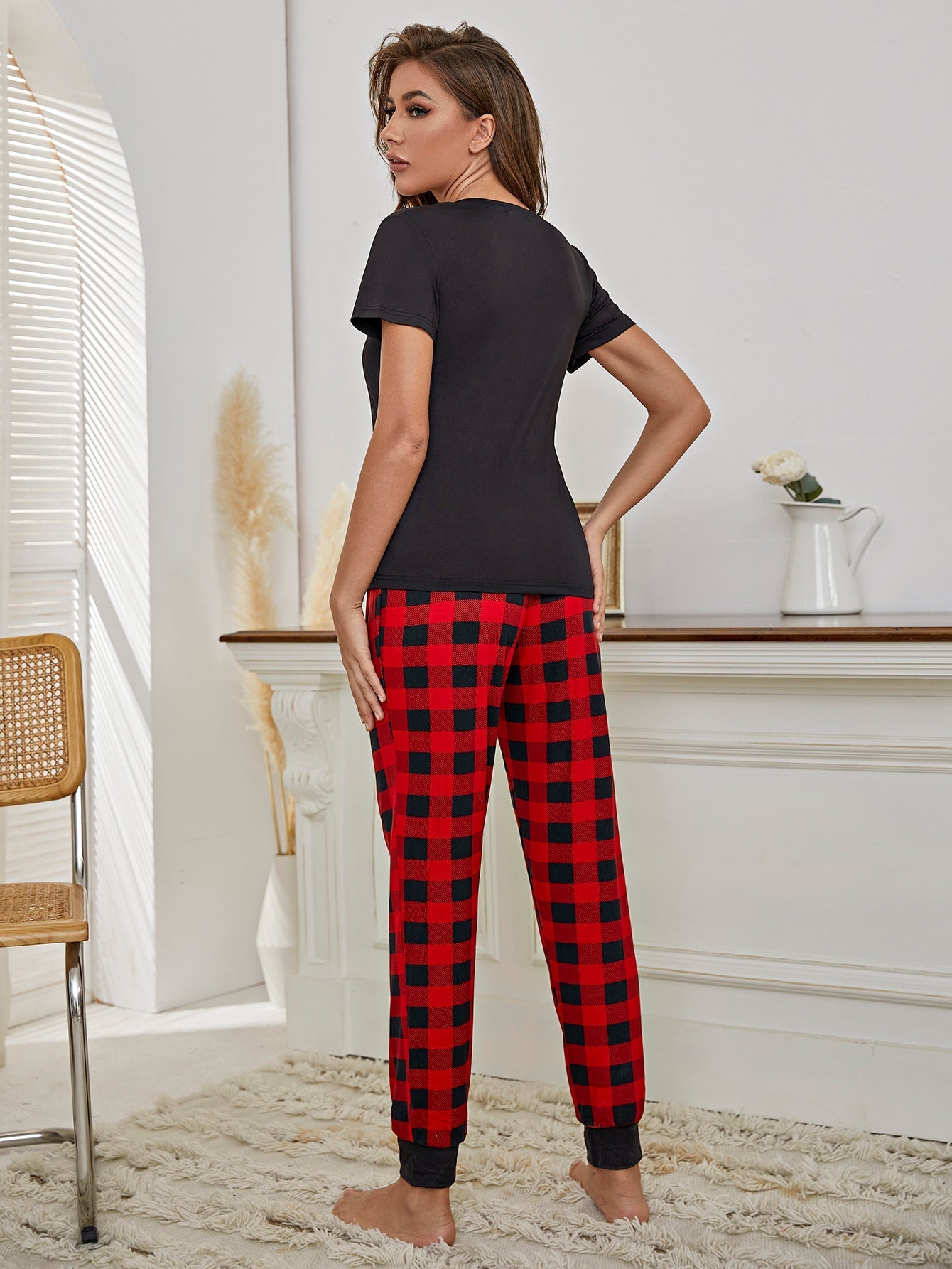 Women's 2pcs Pajama Set Short Sleeves Top with plaid Pants Sai Feel
