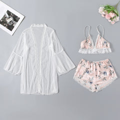 Women's 3Pcs Silky Satin Pajamas Set Lace Trim Cami Tops with Shorts, Lace Robe Nightwear Sai Feel